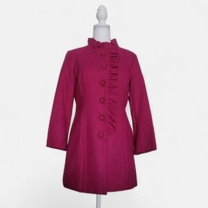 Anthropologie × Tulle Dark Pink Ruffle Front Pea Coat Jacket Wool Blend Y2K MD
